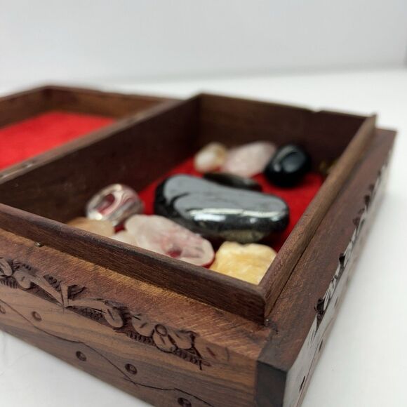 Triquetra Celtic Floral Hand Carved Wooden Trinket Keepsake Box Gemstones - Picture 11 of 16